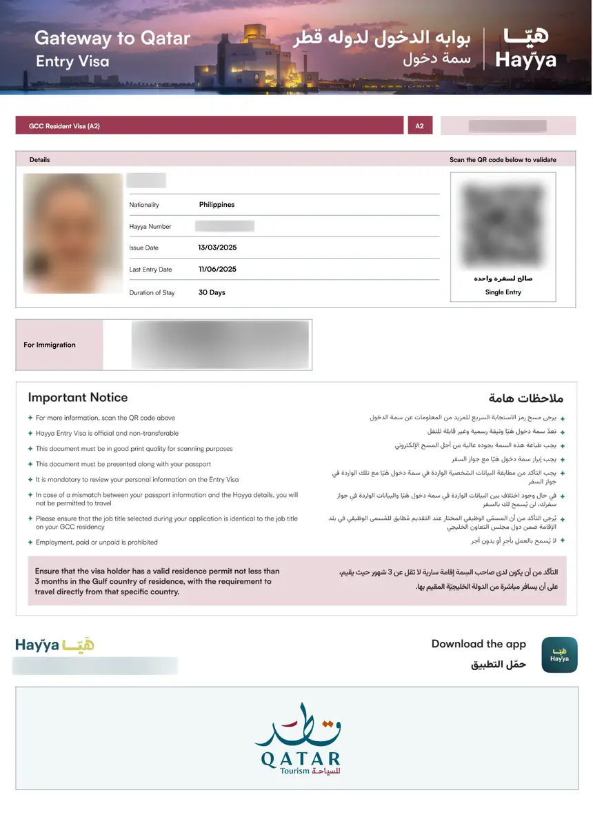 Sample Qatar eVisa issued via Hayya